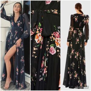 Mac Duggal 55661 Belted Floral Print Illusion Long Sleeve Maxi Gown Dress